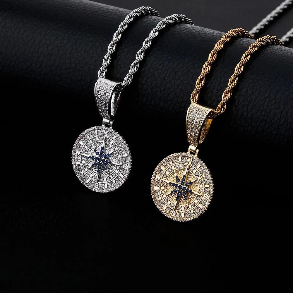 silver and gold diamond compass pendant with twisted chain - hip hop necklace by clearquartzshop