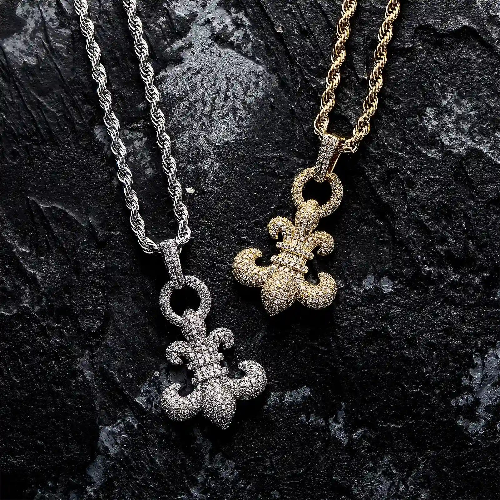 silver and gold fleur de lis necklace with stainless steel chain - bling chain by clearquartzshop