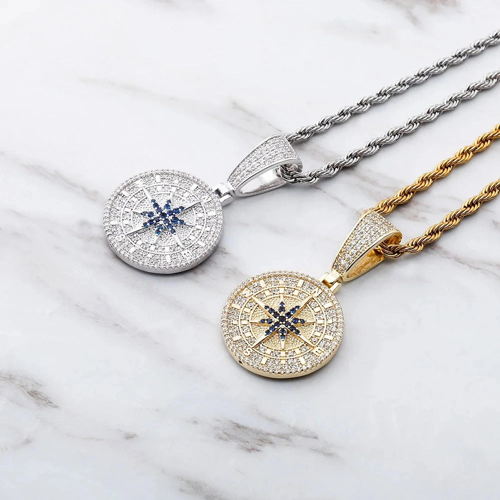 silver and gold iced compass pendant with steel chain - urban jewelry by clearquartzshop