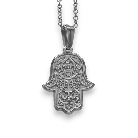 silver hand of god pendant for men and women made from stainless steel with chain | hamsa necklace by clearquartzshop