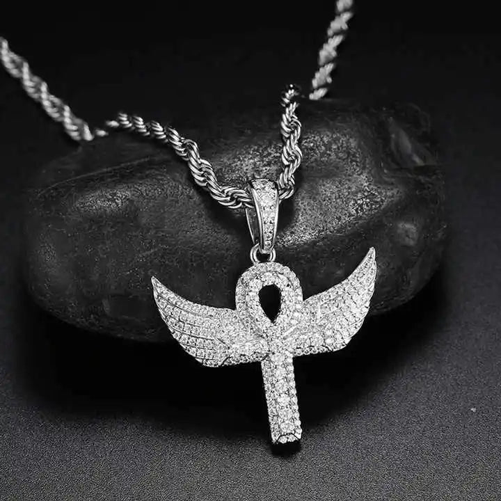 iced out ankh cross necklace in silver with twisted chain - hip hop jewelry by clearquartzshop

