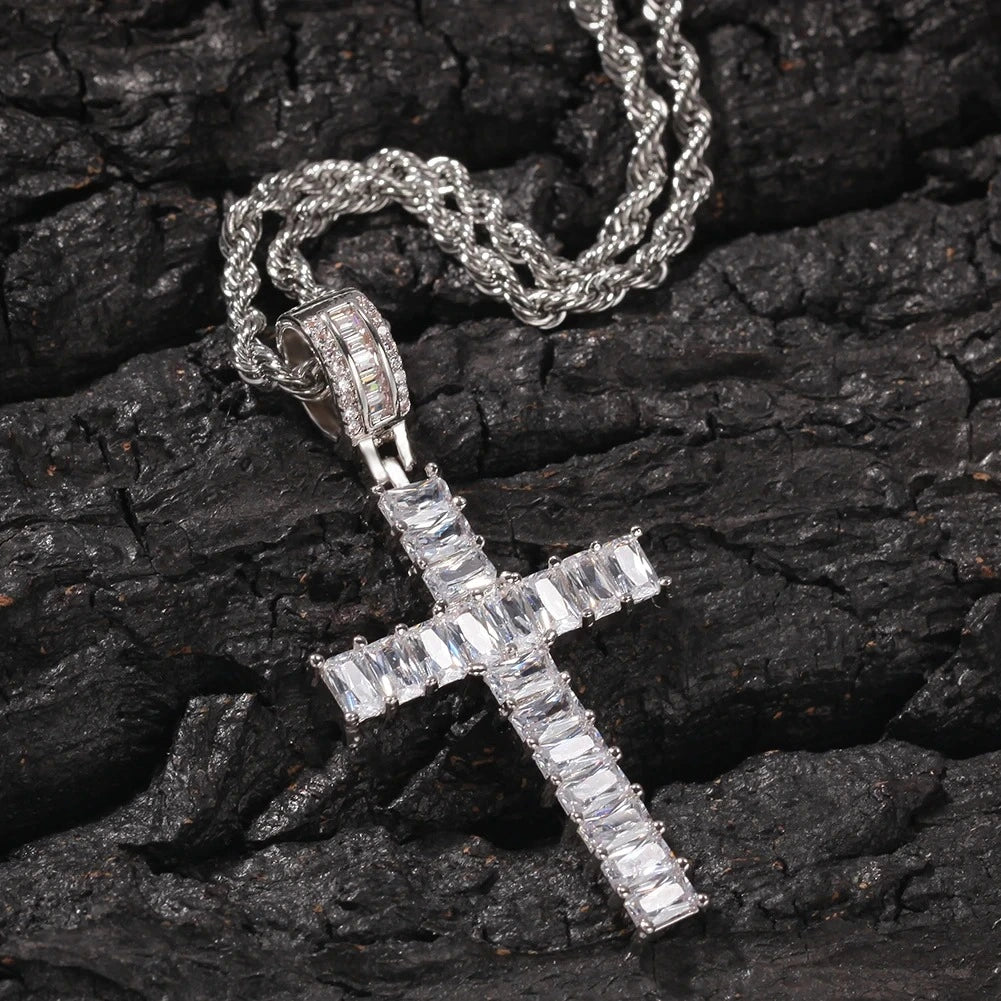 iced baguette cross necklace in silver with stainless steel rope chain - faith pendant by clearquartzshop