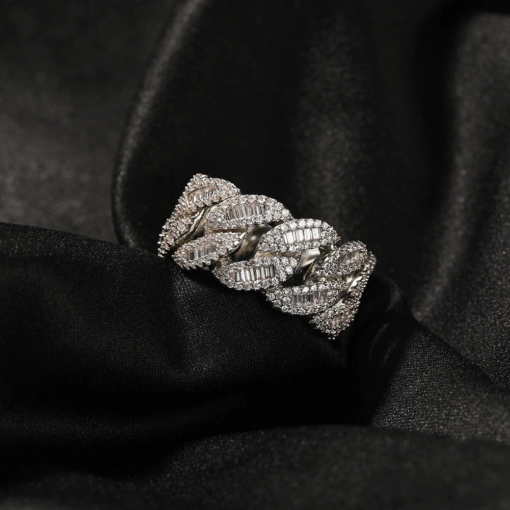silver 12m iced out baguette cuban link ring - trendy jewelry by clearquartzshop