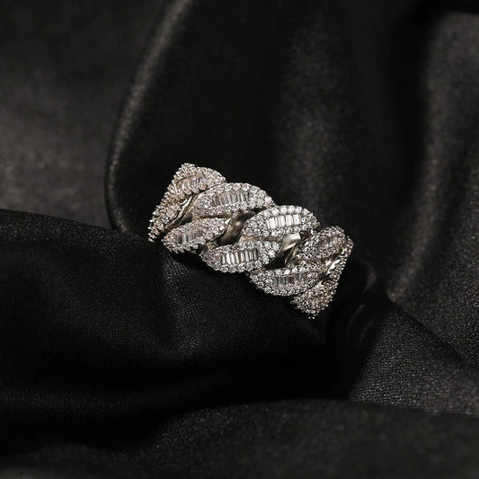 silver 12m iced out baguette cuban link ring - trendy jewelry by clearquartzshop