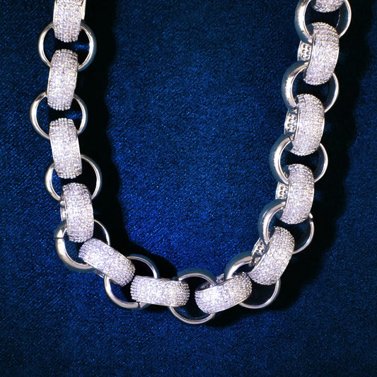 silver 10mm iced out belcher necklace for men and women - gypsy chain by clearquartzshop