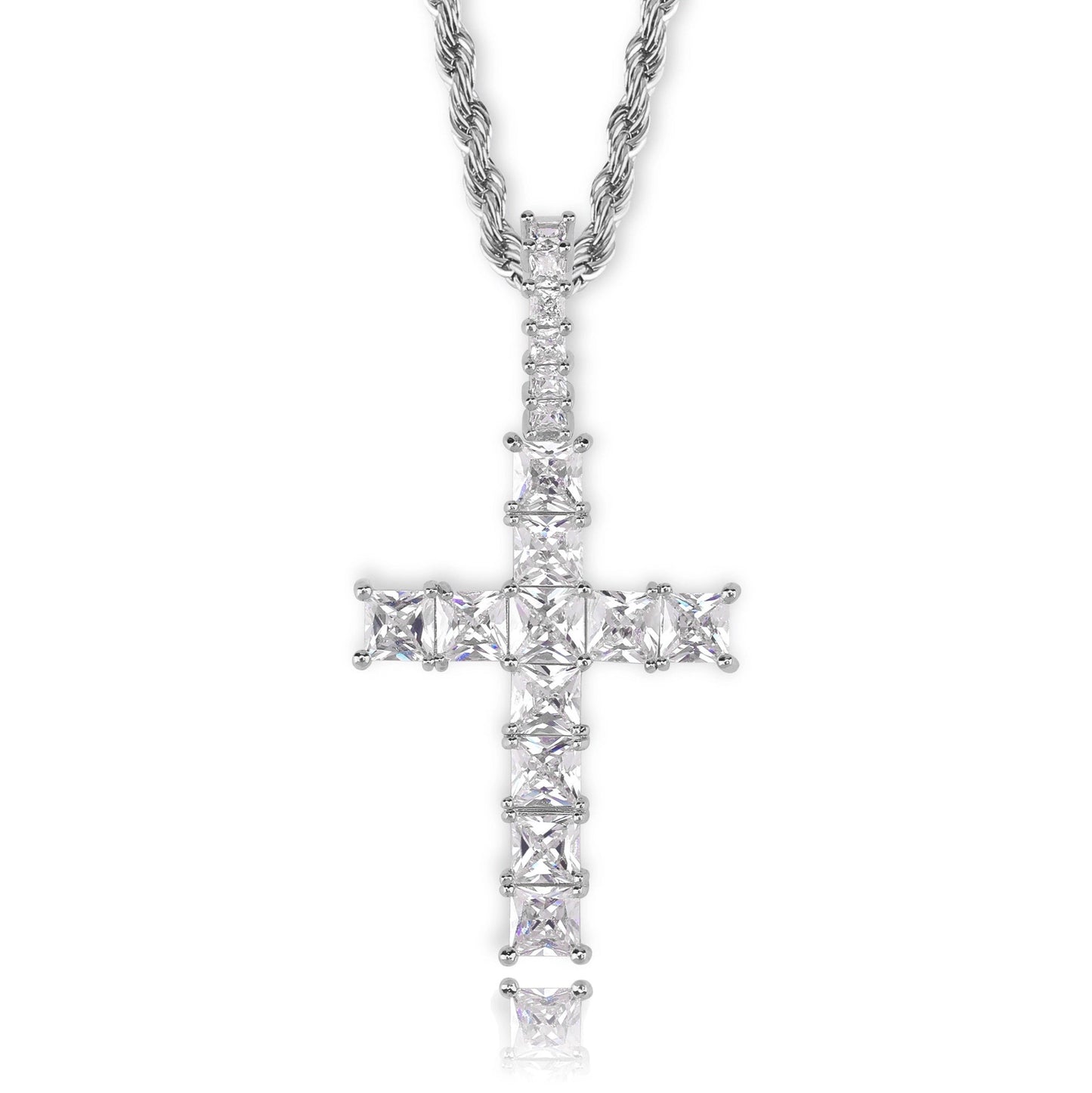 iced out cross pendant in silver with twisted rope chain for men and women - diamond necklace by clearquartzshop