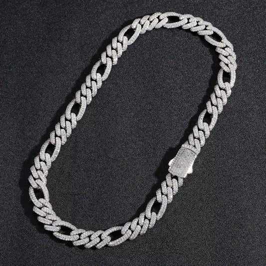 silver 12mm iced out figaro prong cuban link chain - unisex italian jewelry with cubic zirconia stones clearquartzshop