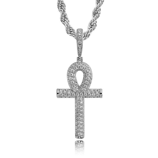 silver iced out ankh cross necklace with twisted rope chain for men and women - fashion jewelry by clearquartzshop