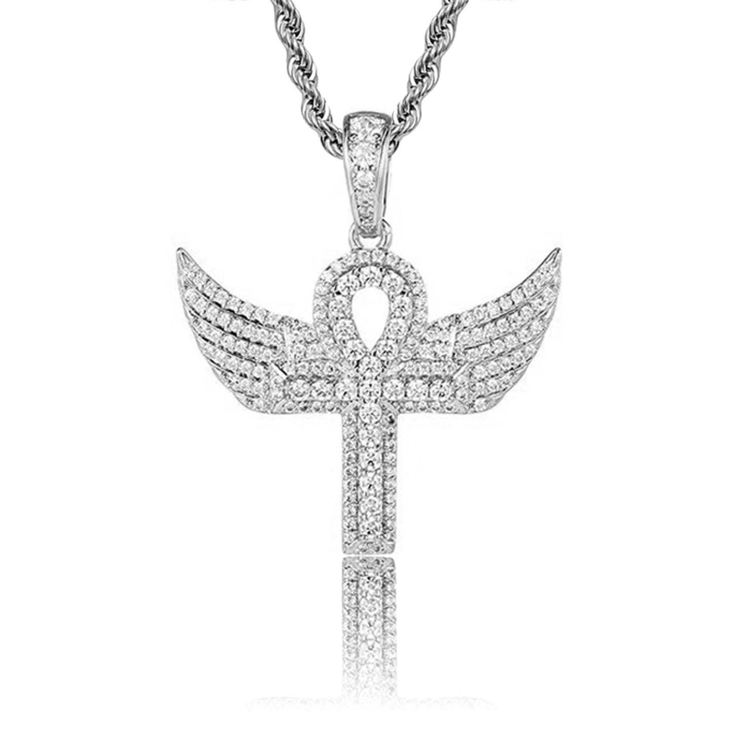 silver iced out ankh cross pendant featuring angel wings with stainless steel rope necklace - urban chain by clearquartzshop