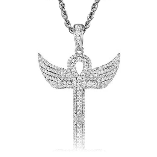 silver iced out ankh cross pendant featuring angel wings with stainless steel rope necklace - urban chain by clearquartzshop