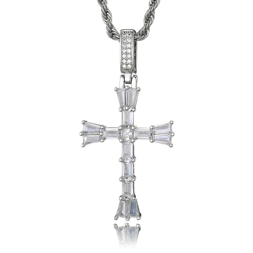 iced out baguette celtic cross pendant in silver with steel necklace for men and  women - bling chain by clearquartzshop