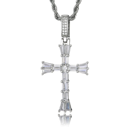 iced out baguette celtic cross pendant in silver with steel necklace for men and  women - bling chain by clearquartzshop