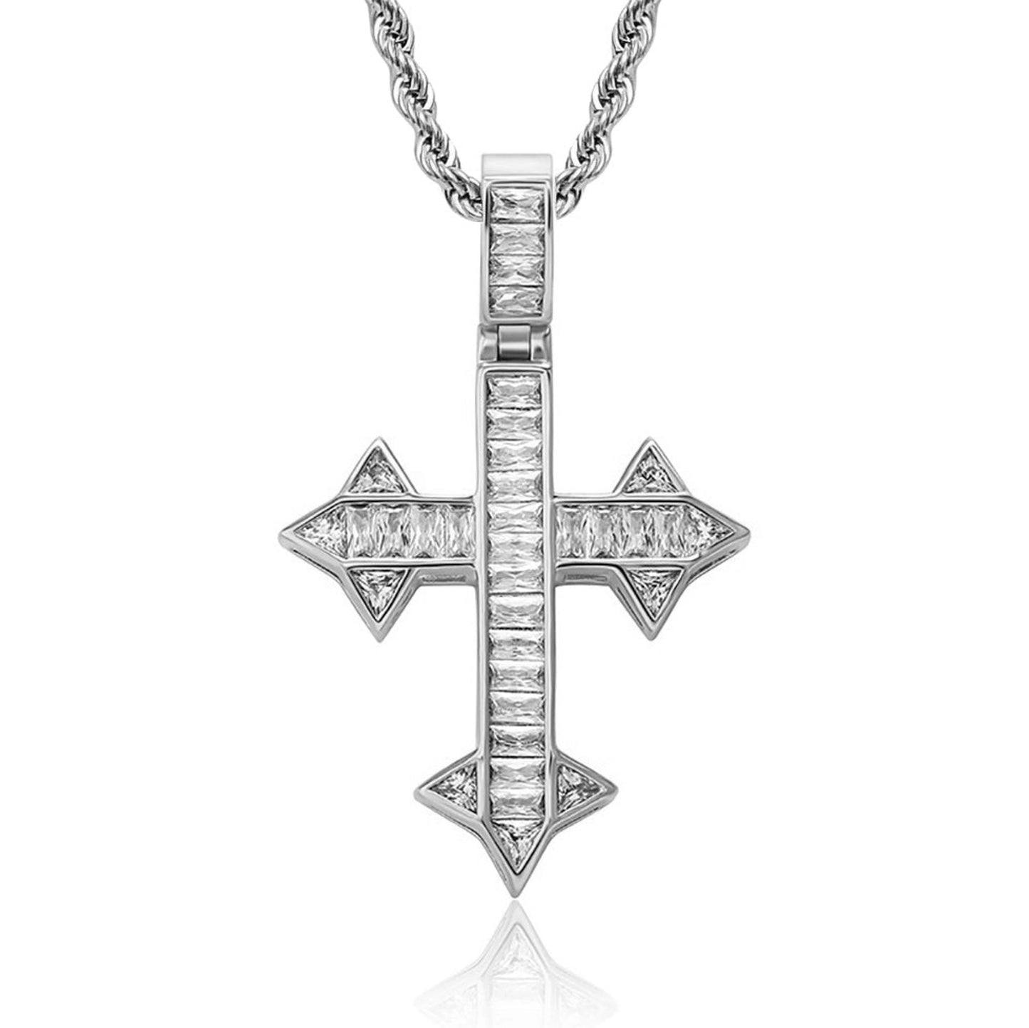 silver iced out baguette celtic crucifix pendant with rope necklace for men and women - christian chain by clearquartzshop