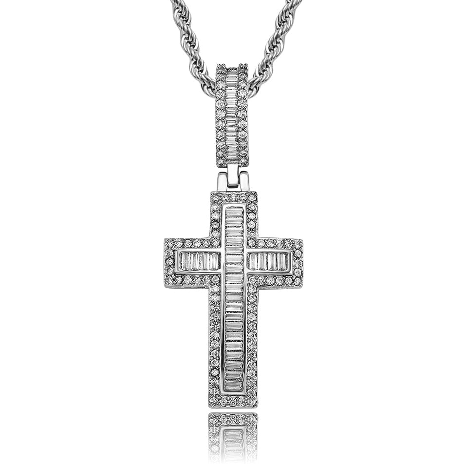 silver iced out baguette cross pendant with stainless steel rope chain for men and women - faith jewelry by clearquartzshop