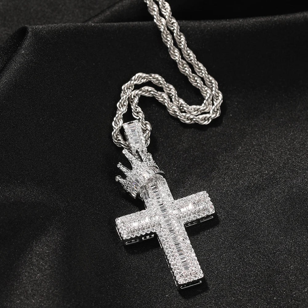 silver iced out baguette crown cross necklace with rope chain - faith jewelry