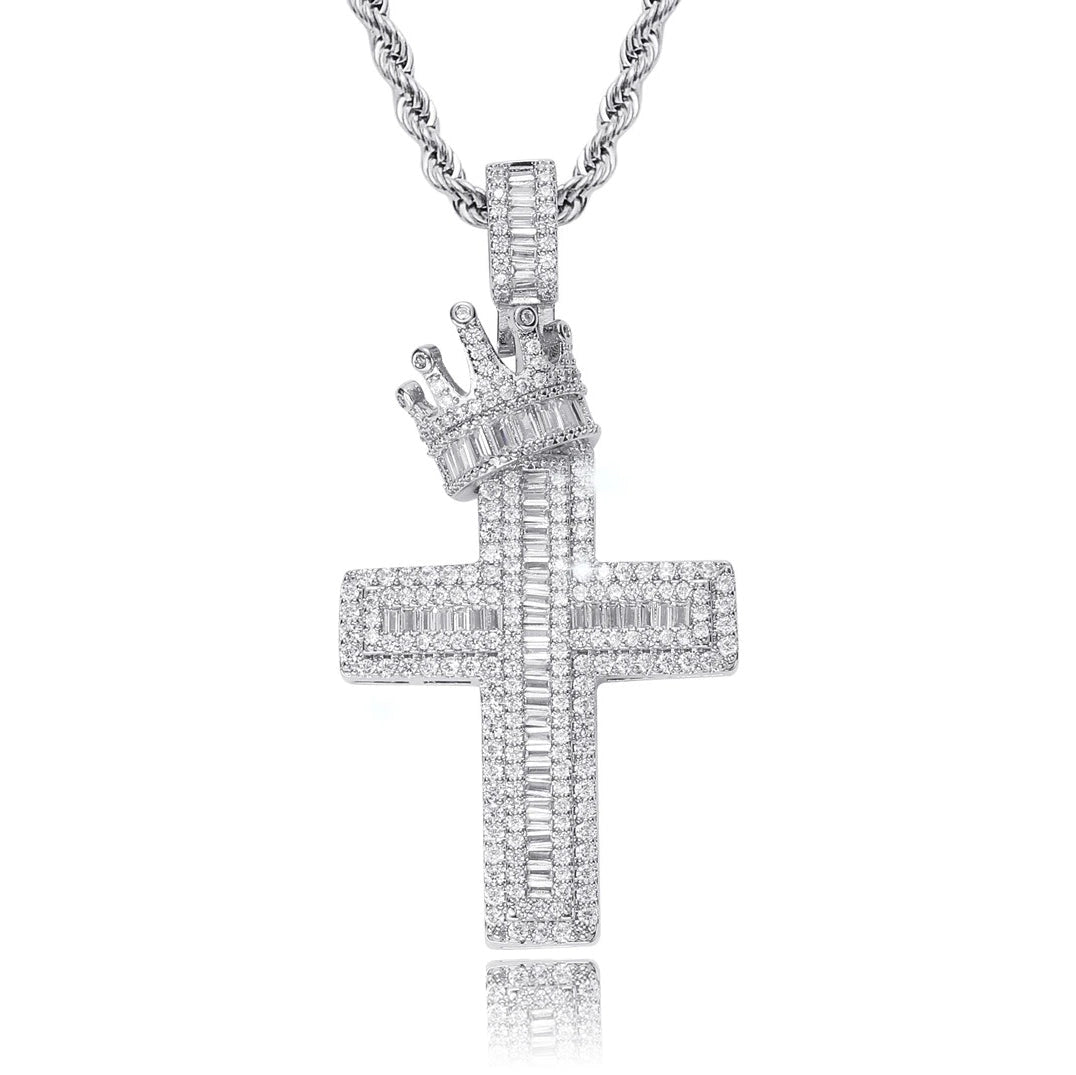 iced out baguette crown cross pendant in silver with stainless steel rope chain  crucifix necklace by clearquartzshop