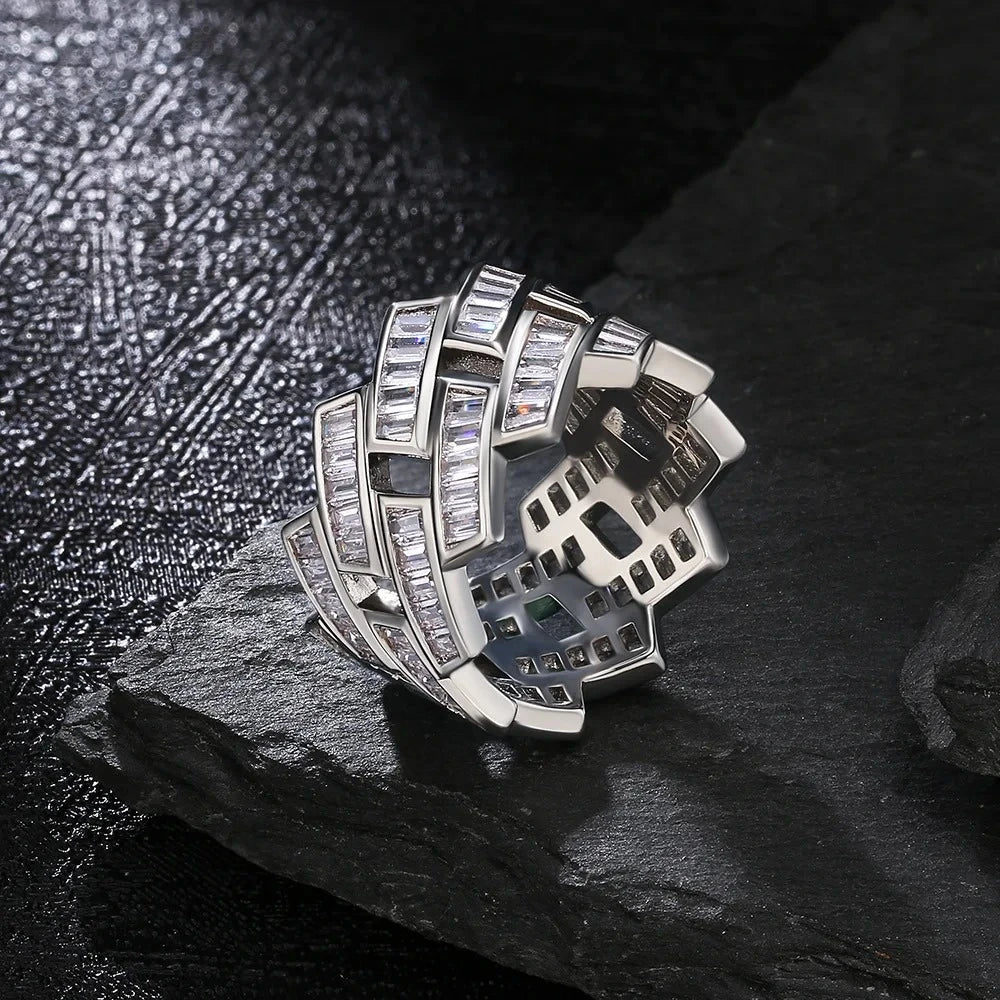 iced out baguette prong cuban link ring in silver - cz band by clearquartzshop