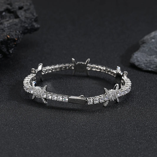 silver iced out barbed wire tennis bracelet for men and women - 18k white gold streetwear jewelry by clearquartzshop