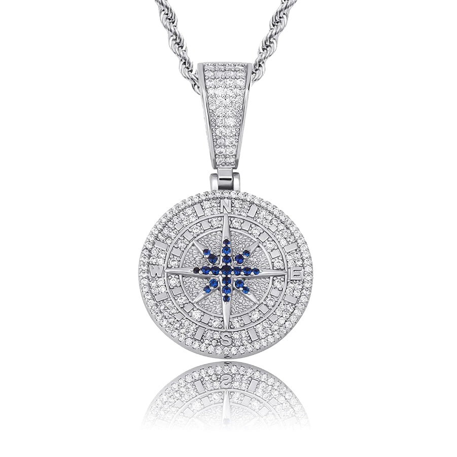 silver iced out compass pendant with stainless steel rope chain for men and women - streetwear bling by clearquartzshop