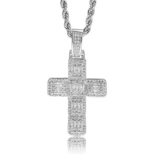 silver iced out cross pendant with stainless steel necklace for men and women - fashion chain by clearquartzshop