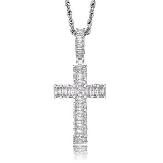 silver iced out cross pendant with rope chain - unisex faith chain by clearquartzshop