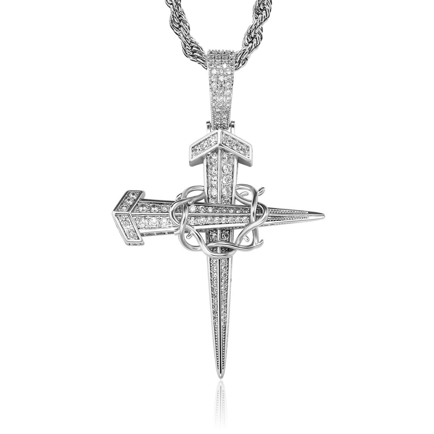 silver iced out crown of thorns pendant with stainless steel chain - unisex bold necklace by clearquartzshop