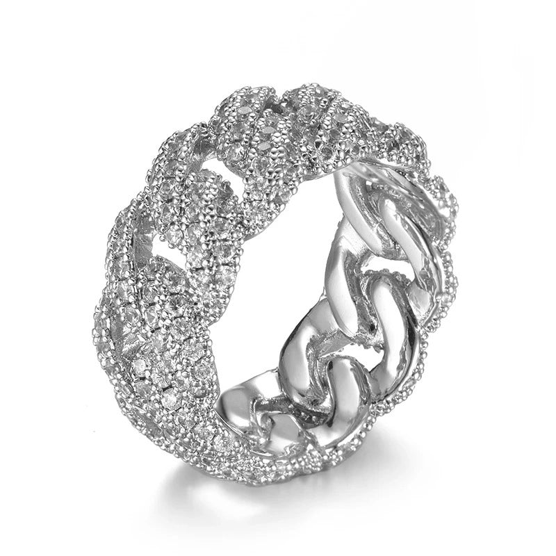 silver iced out cuban link ring for men and women - hip hop jewelry by clearquartzshop
