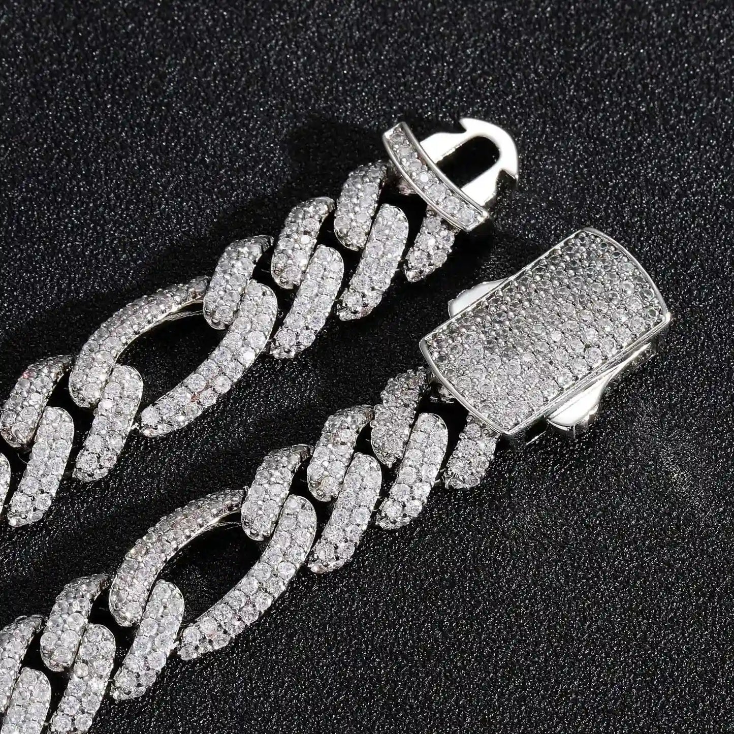 silver iced out figaro prong cuban link chain - white gold italian necklace by clearquartzshop