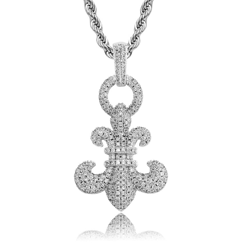 silver iced out fleur de lis pendant with rope necklace for men and women - luxury chain by clearquartzshop