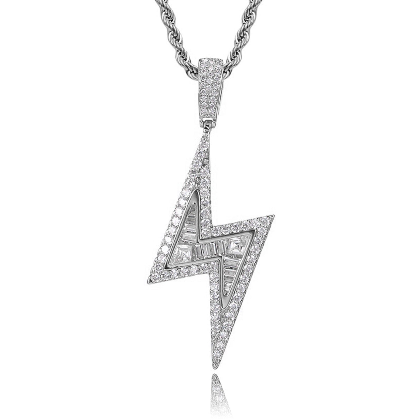 silver iced out lightning bolt necklace with stainless steel rope chain - statement jewelry by clearquartzshop