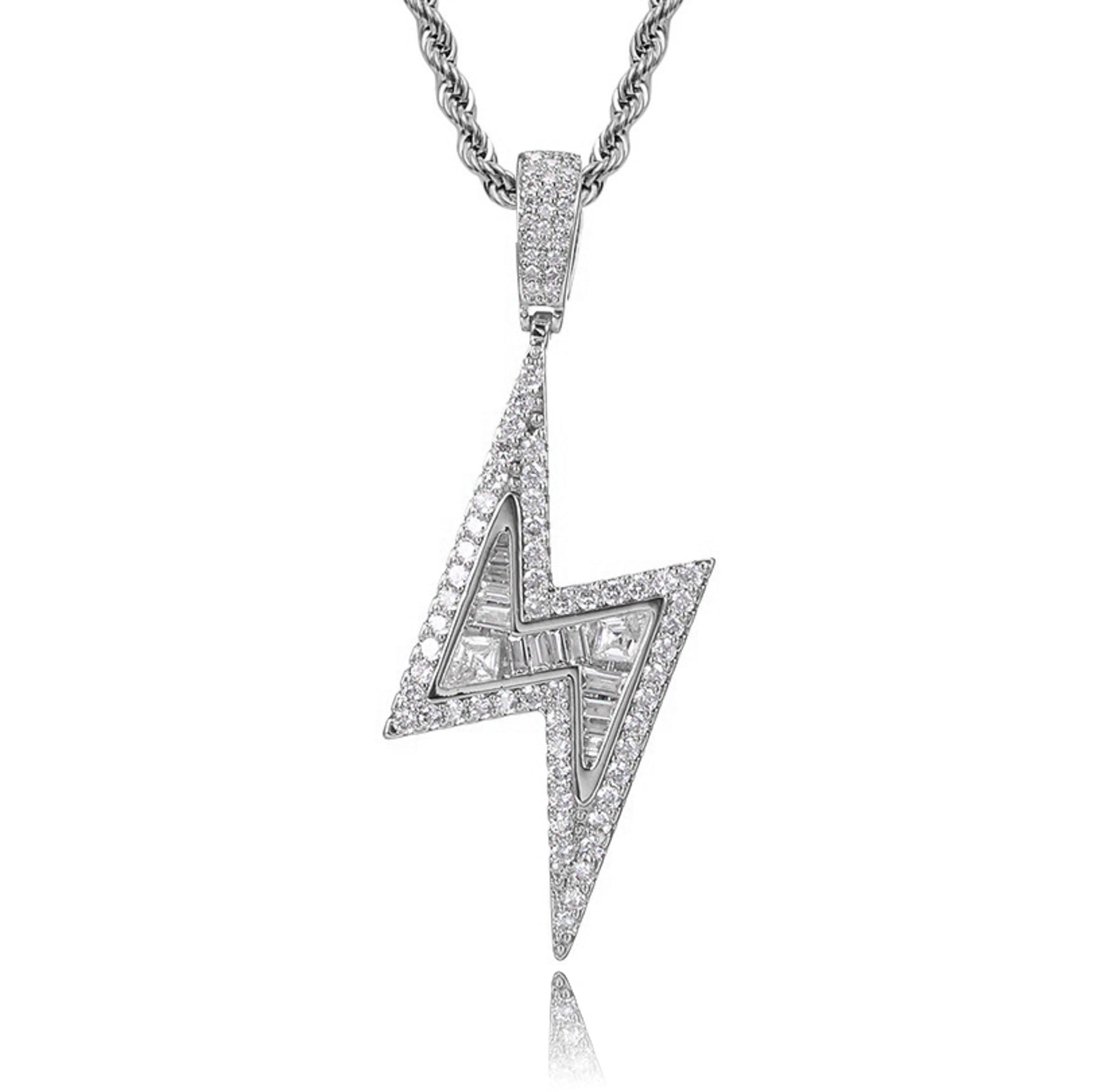 silver iced out lightning bolt necklace with stainless steel rope chain - statement jewelry by clearquartzshop