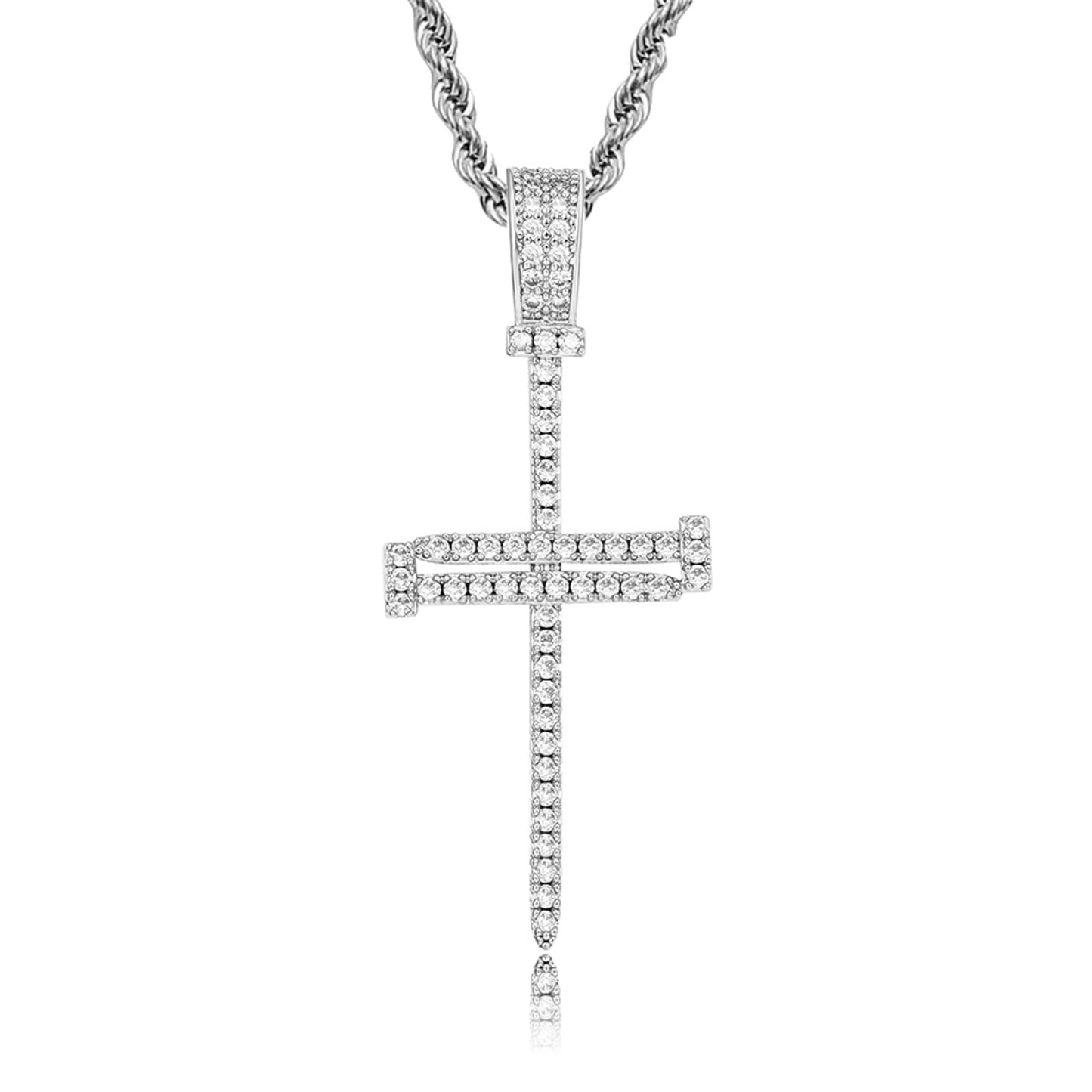 iced out nail cross pendant in silver with stainless steel chain for men and women - christian necklace by clearquartzshop