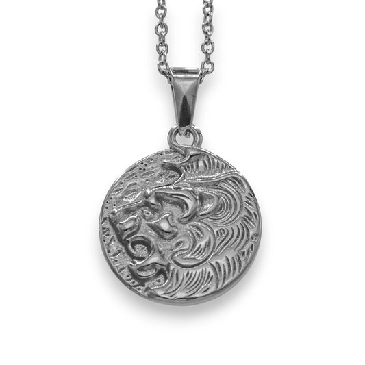 silver lion pendant for men and women made from stainless steel with chain | white gold streetwear jewelry by clearquartzshop
