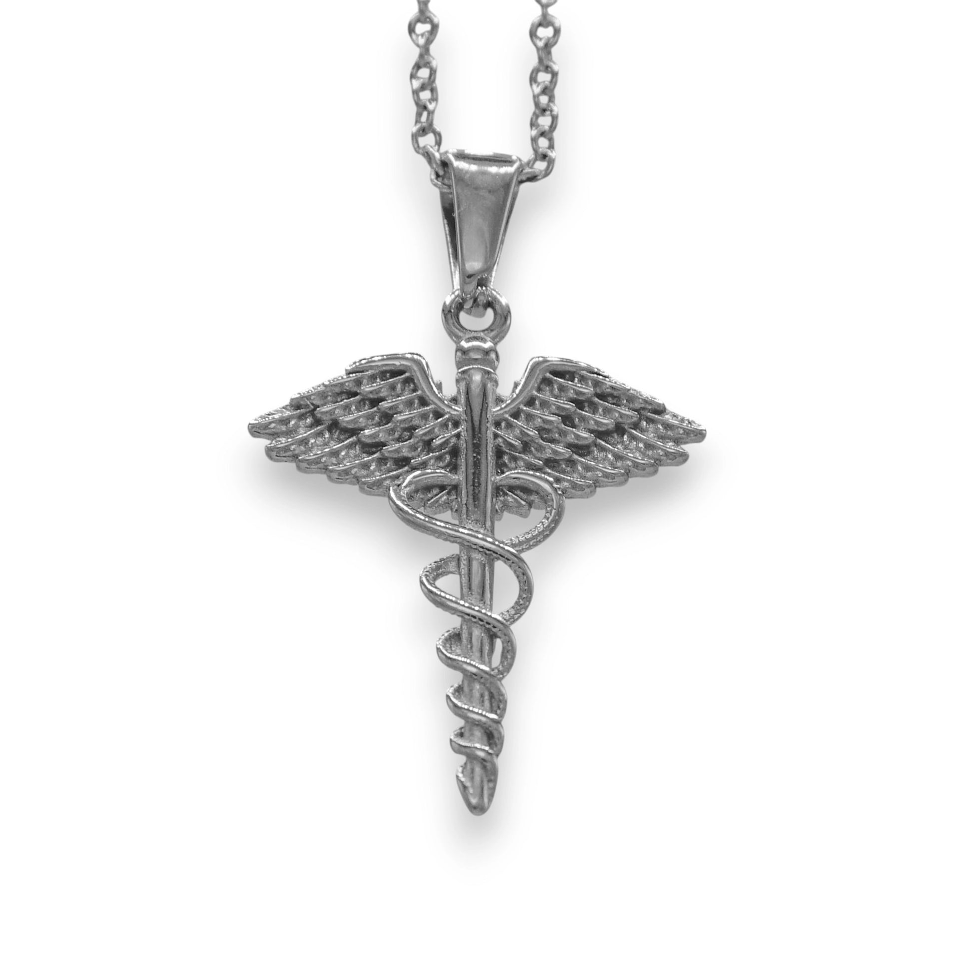 silver medical symbol pendant made from stainless steel with chain | unisex white gold caduceus necklace by clearquartzshop