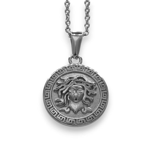 silver medusa pendant made from stainless steel with chain | white gold unisex greek mythology necklace by clearquartzshop