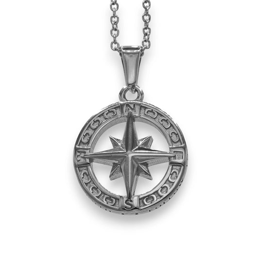 silver north star compass pendant made from stainless steel with chain | white gold unisex modern necklace by clearquartzshop