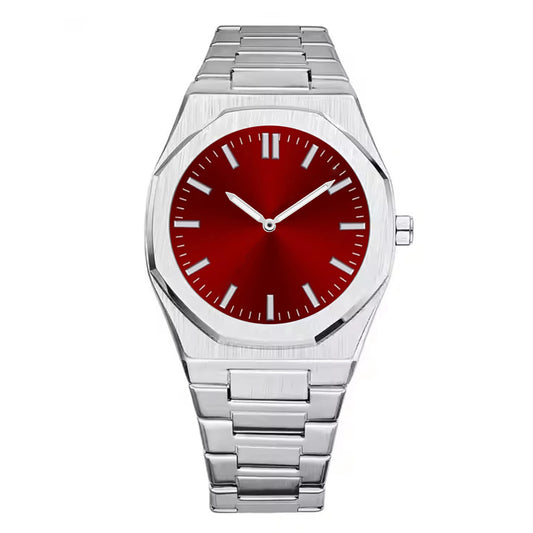 red dial stainless steel silver modern quartz watch for men and women from clearquartzshop