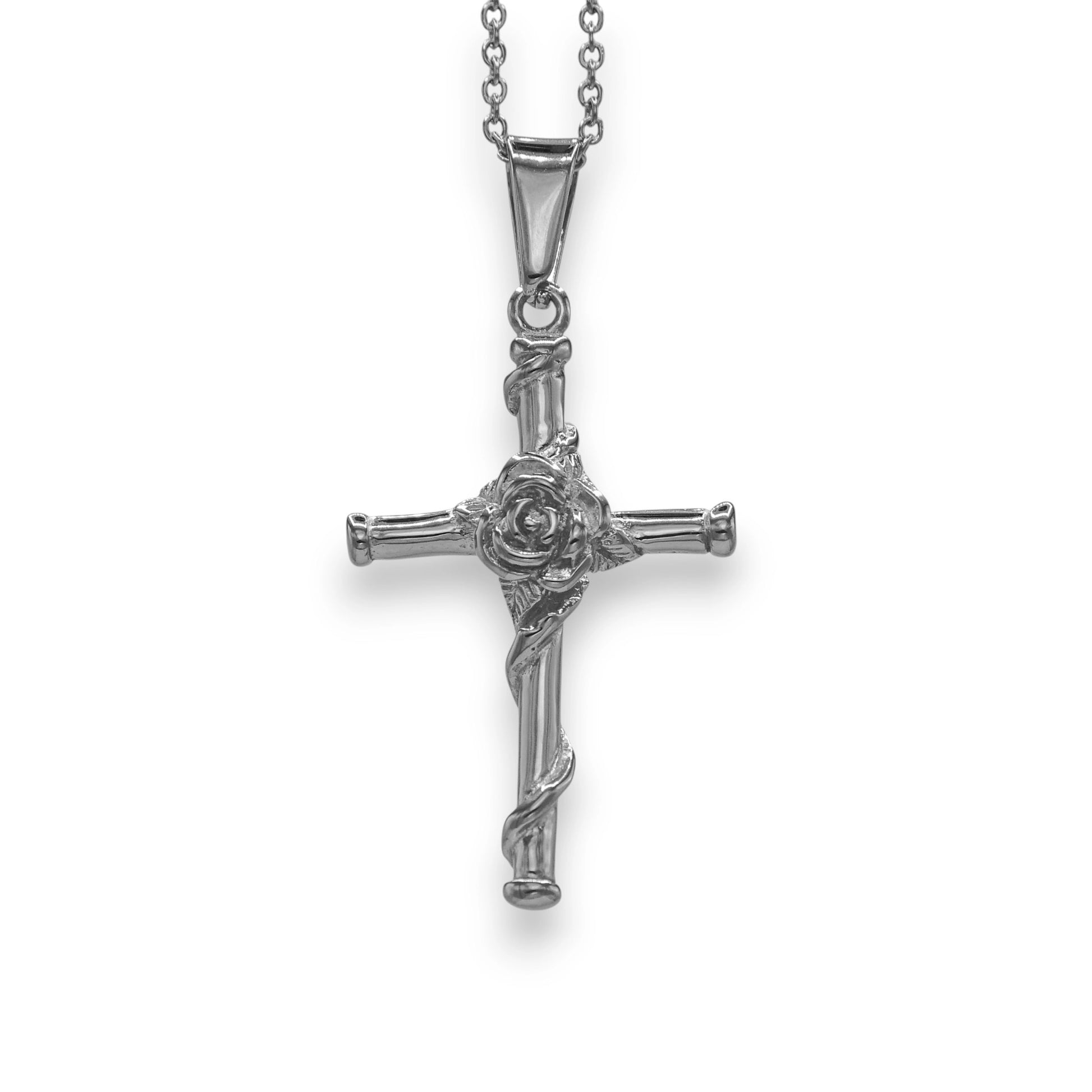 silver rose cross pendant made from stainless steel with chain | religious christian jewelry by clearquartzshop