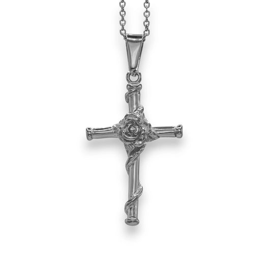 silver rose cross pendant made from stainless steel with chain | religious christian jewelry by clearquartzshop