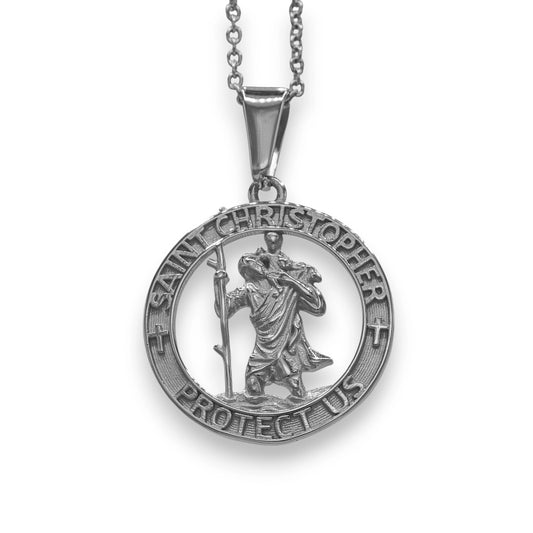 silver saint christopher pendant made from stainless steel with chain | white gold unisex fashion necklace by clearquartzshop