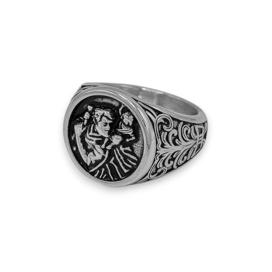 silver saint christopher ring for men and women made from stainless steel | white gold statement jewelry by clearquartzshop