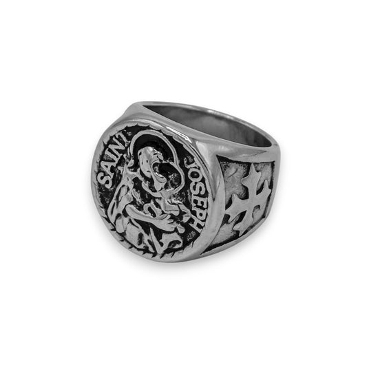 silver saint joseph ring built from stainless steel and 18k white gold plated | unisex bold jewelry from clearquartzshop