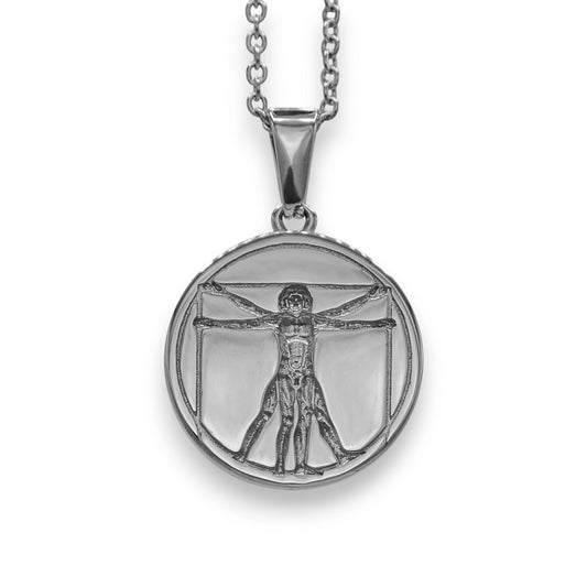 silver vitruvian pendant for men and women made from stainless steel with chain | white gold bold necklace by clearquartzshop