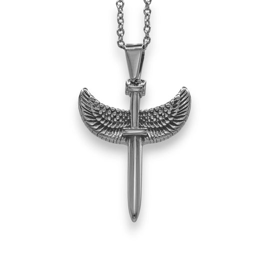 silver winged sword pendant built from stainless steel with chain | 18k white gold unisex trendy necklace by clearquartzshop