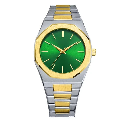 two tone green dial stainless steel luxury quartz watch for men and women by clearquartzshop