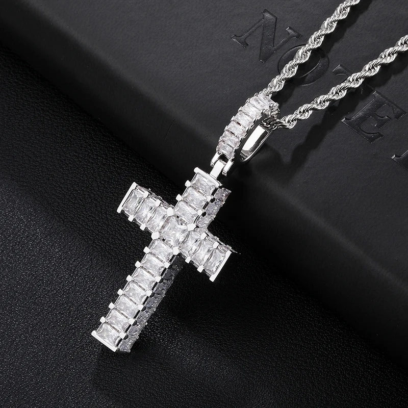 silver triple row iced out cross necklace with steel chain - christian pendant by clearquartzshop