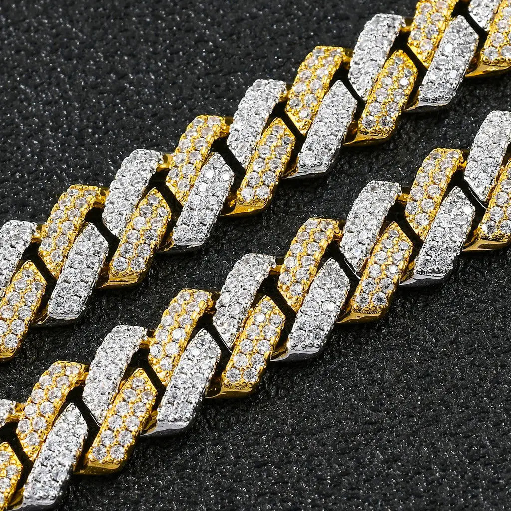 14mm two tone iced out prong cuban link bracelet - unisex edgy jewelry by clearquartzshop