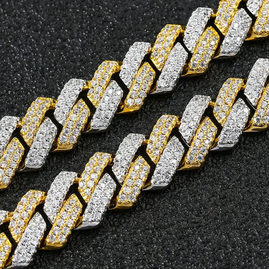 14mm two tone iced out prong cuban link bracelet - unisex edgy jewelry by clearquartzshop